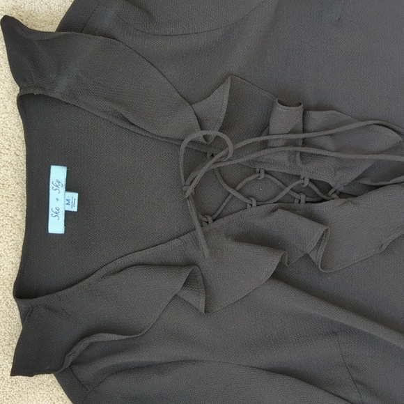 Black long sleeve ruffle top with lace-up tie neck - Picture 2 of 3